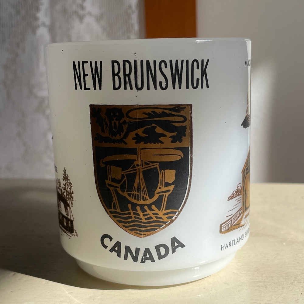 Vintage New Brunswick milk glass souvenir mug 70s